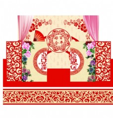 结婚舞台中式婚礼红色喜字背景布置