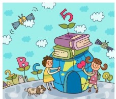 卡通画地球房屋上的书本和女孩