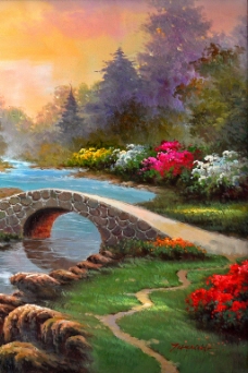 石桥流水小路风景装饰画