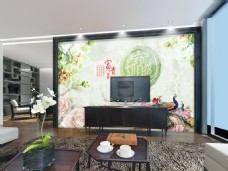 粉色花卉电视背景墙设计素材