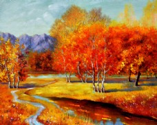 秋天树林油画写生图片