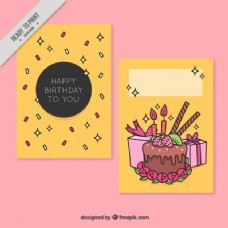 生日礼物带蛋糕和礼物的手绘生日卡