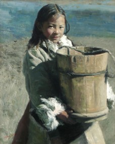 肖像油画抱着水桶的藏族女孩油画肖像图片