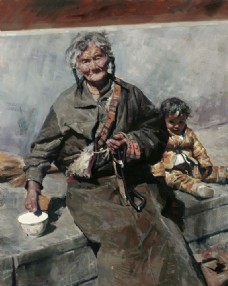 女人藏族老人女孩油画图片