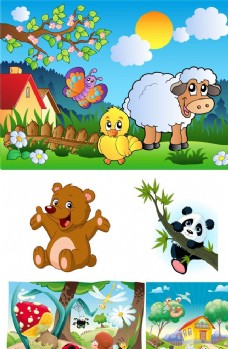 春天海报卡通动物绵羊小熊熊猫
