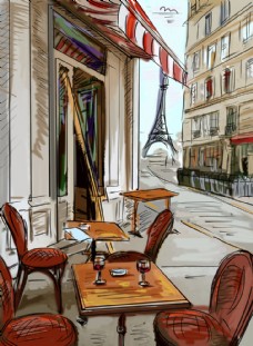 手绘巴黎风景插画图片
