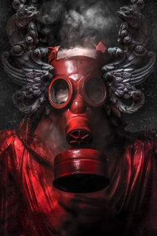 戴红色防毒面具的人物图片