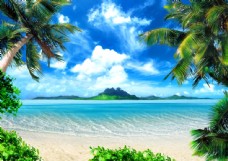 夏日海中岛屿与海边椰树图片