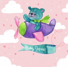 手绘水彩开飞机的泰迪熊儿童婴儿
