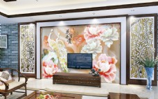 春色花卉时尚玉石雕刻电视背景墙设计素材