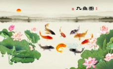 水墨中国风九鱼图年年有余九鱼荷花图水墨装饰画