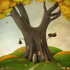 梦幻超现实 树中小屋油画