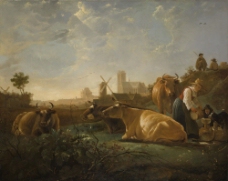 休息的牛和古代人风景画图片
