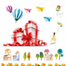 树木礼品纸飞机热气球卡通房屋