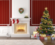 圣诞节壁炉挂毯和圣诞树图片