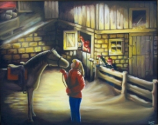 油画牵着马的女孩图片