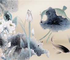 中国风莲池鲤鱼戏水水彩墨装饰画