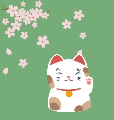 猫卡通樱花树下富贵猫可爱卡通招财猫咪卡通猫咪